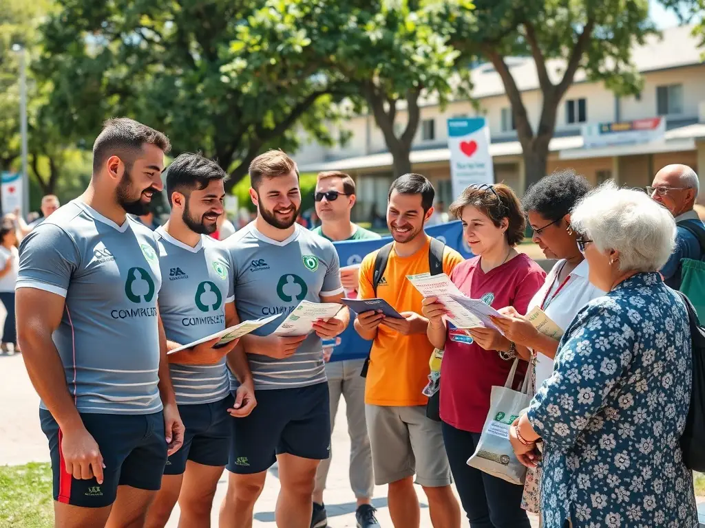 A photo of AMICALE DES ANCIENS DU RUGBY members participating in a community health awareness campaign, distributing informational materials and engaging with local residents. The image conveys a sense of care and commitment to community well-being.