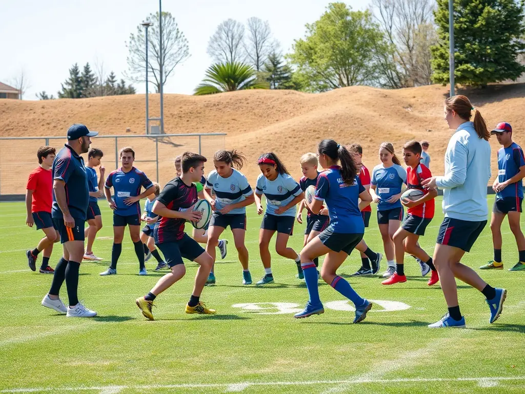 A diverse group of young people participating in a rugby training session, guided by experienced coaches. The image should highlight the organization's commitment to youth development and community engagement.