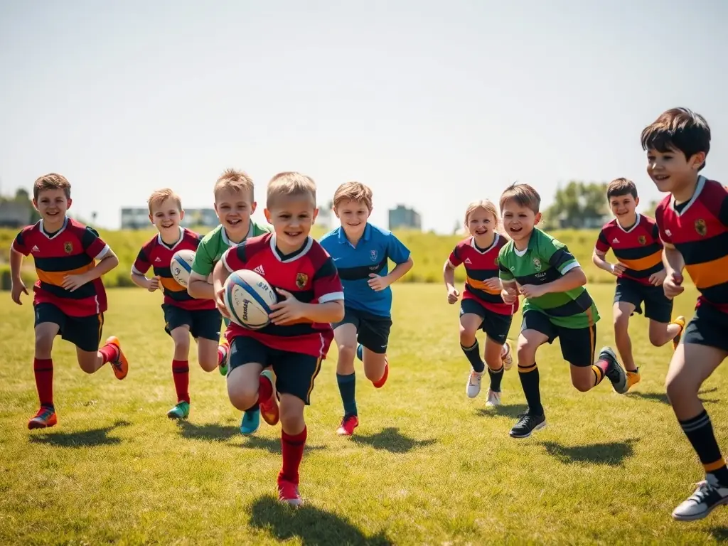 A group of former rugby players participating in a friendly match, showcasing camaraderie and the enduring spirit of the sport. The image should convey a sense of community and active engagement.