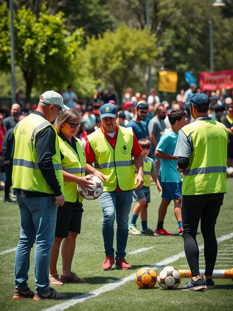 An image of volunteers from AMICALE DES ANCIENS DU RUGBY assisting with the setup and organization of a local rugby tournament, highlighting their commitment to supporting community events.