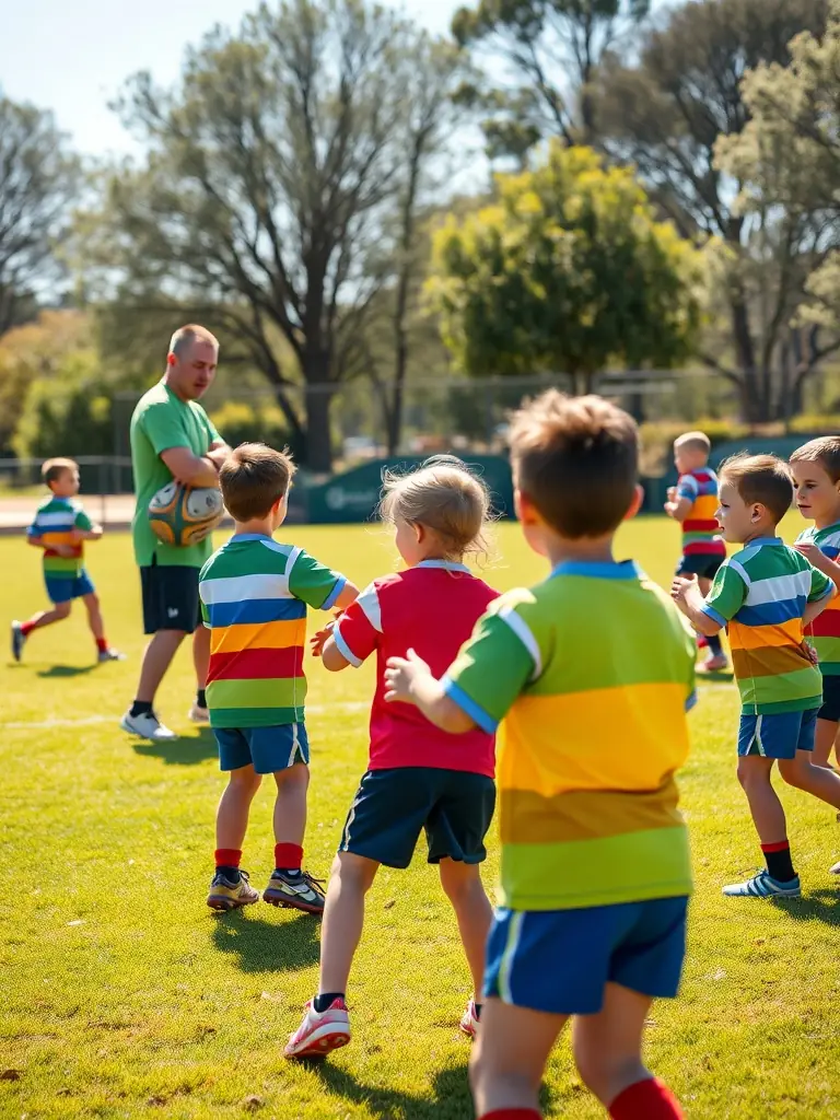 A photograph capturing a youth rugby training session organized by AMICALE DES ANCIENS DU RUGBY, showcasing young players learning fundamental skills under the guidance of experienced coaches.