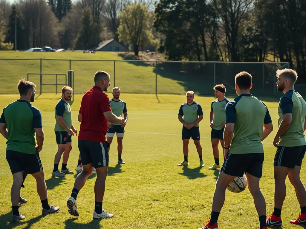 A group of AMICALE DES ANCIENS DU RUGBY volunteers are coaching young rugby players during a training session on a sunny field. The scene captures the energy and enthusiasm of the participants, emphasizing skill-building and teamwork.