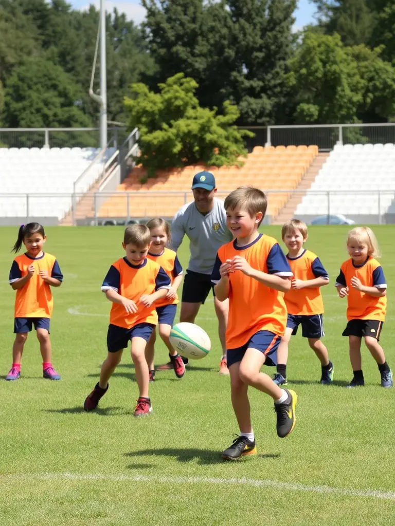 A group of former rugby players volunteering at a local youth rugby training session, demonstrating their commitment to mentoring and skill development.