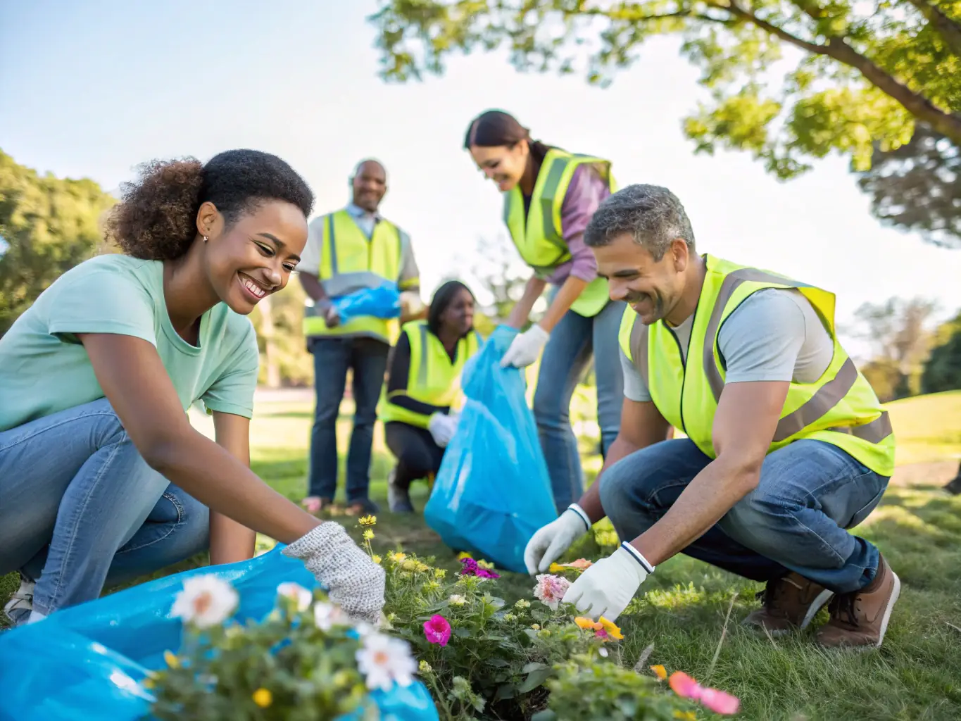 Volunteers working together on a community project, such as cleaning up a local park or organizing a fundraising event. The image should emphasize the organization's commitment to social responsibility and community support.