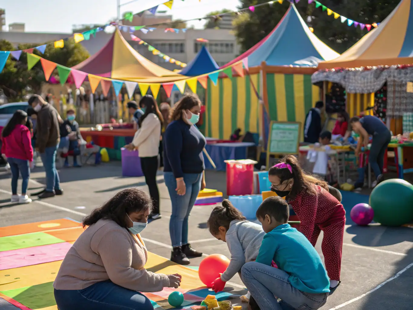 A vibrant scene from a community event organized by AMICALE DES ANCIENS DU RUGBY, featuring diverse participants enjoying games, food, and entertainment. The atmosphere is lively and inclusive, highlighting the organization's commitment to community solidarity.