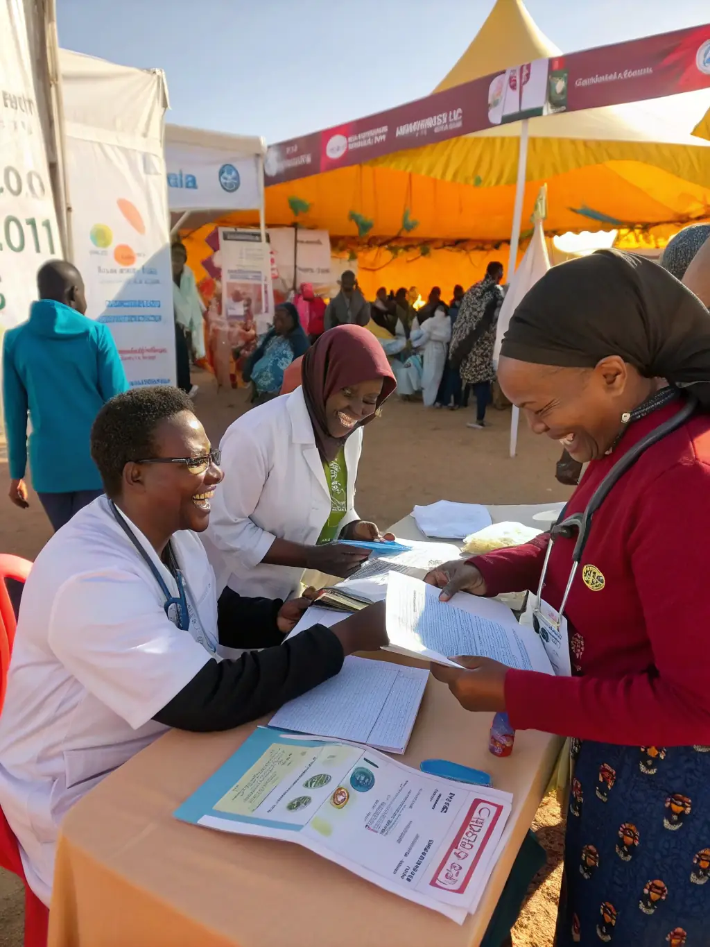 Volunteers organizing a community event to promote health and wellness, showcasing the organization's dedication to community well-being.